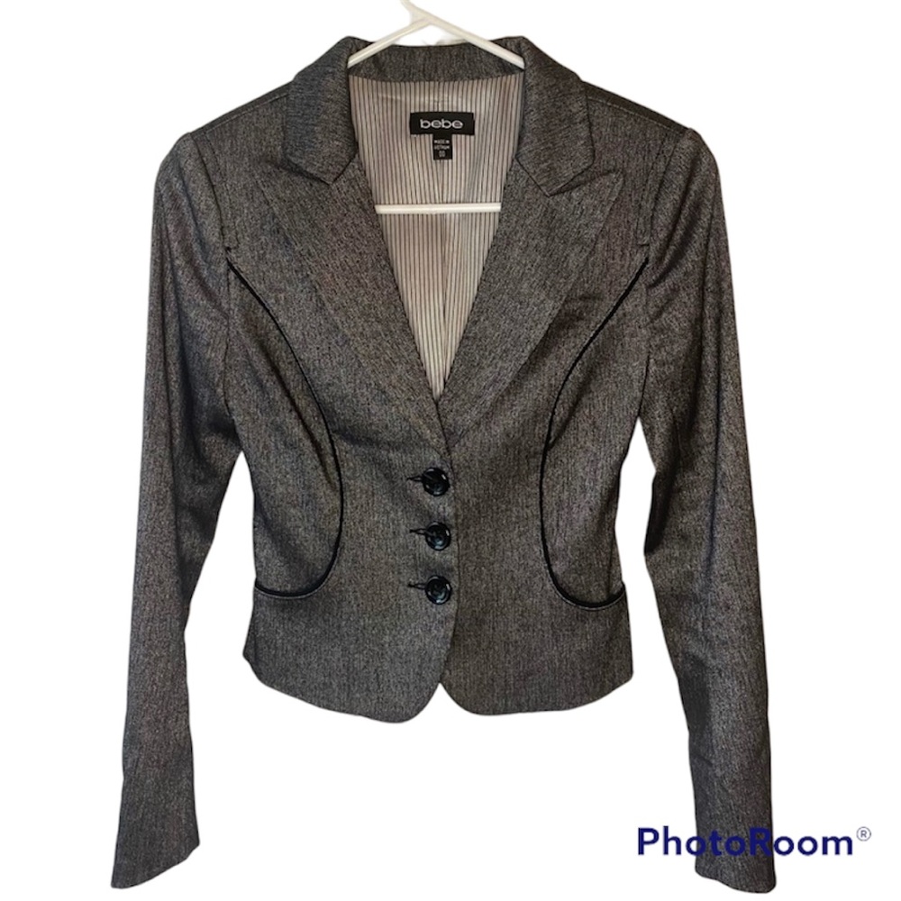 Bebe Button Front Fitted Blazer Black & Silver Size 00